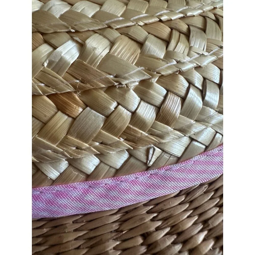 Large Straw Sun Hat with Pink Gingham Trim